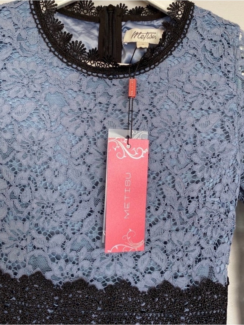 Metisu Blue Lace Long-Sleeve Midi Dress with Black Trim NWT - Picture 3 of 5